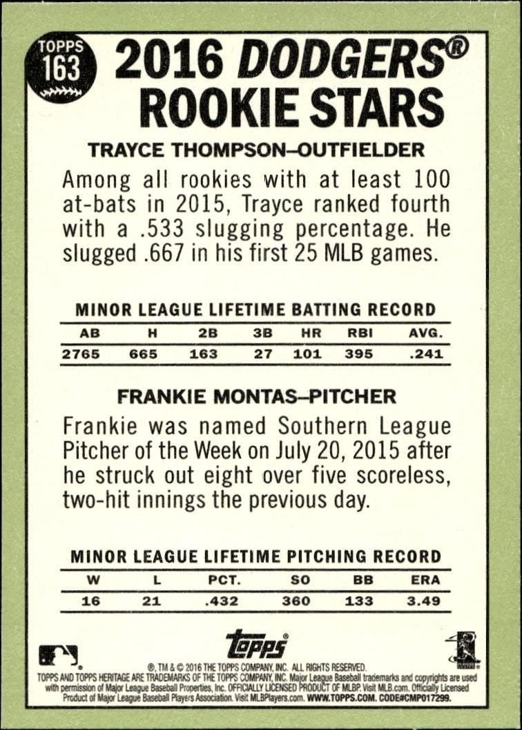 2016 Topps Heritage Trayce Thompson #163 baseball trading card back