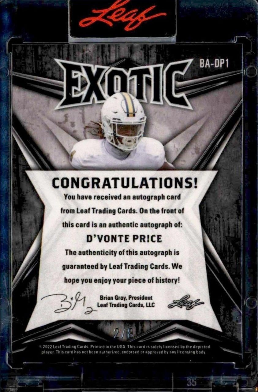 2022 Leaf Exotic D'Vonte Price #BA-DP1 football trading card back