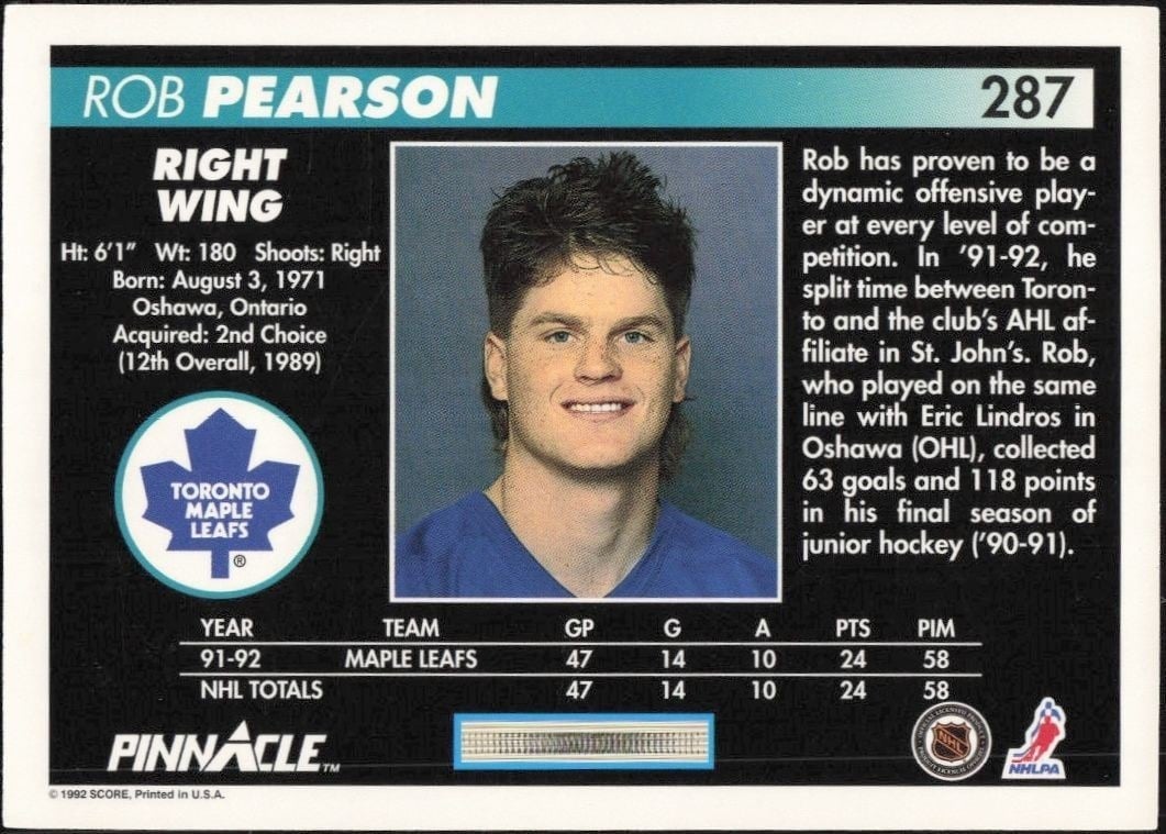 1992-93 Pinnacle Rob Pearson #287 hockey trading card back