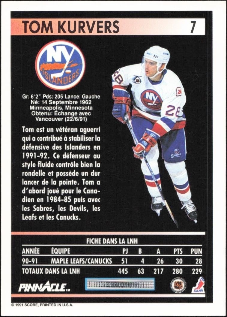 1991-92 Pinnacle Tom Kurvers #7 hockey trading card back
