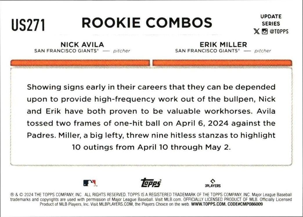 2024 Topps Update Series Erik Miller #US271 baseball trading card back