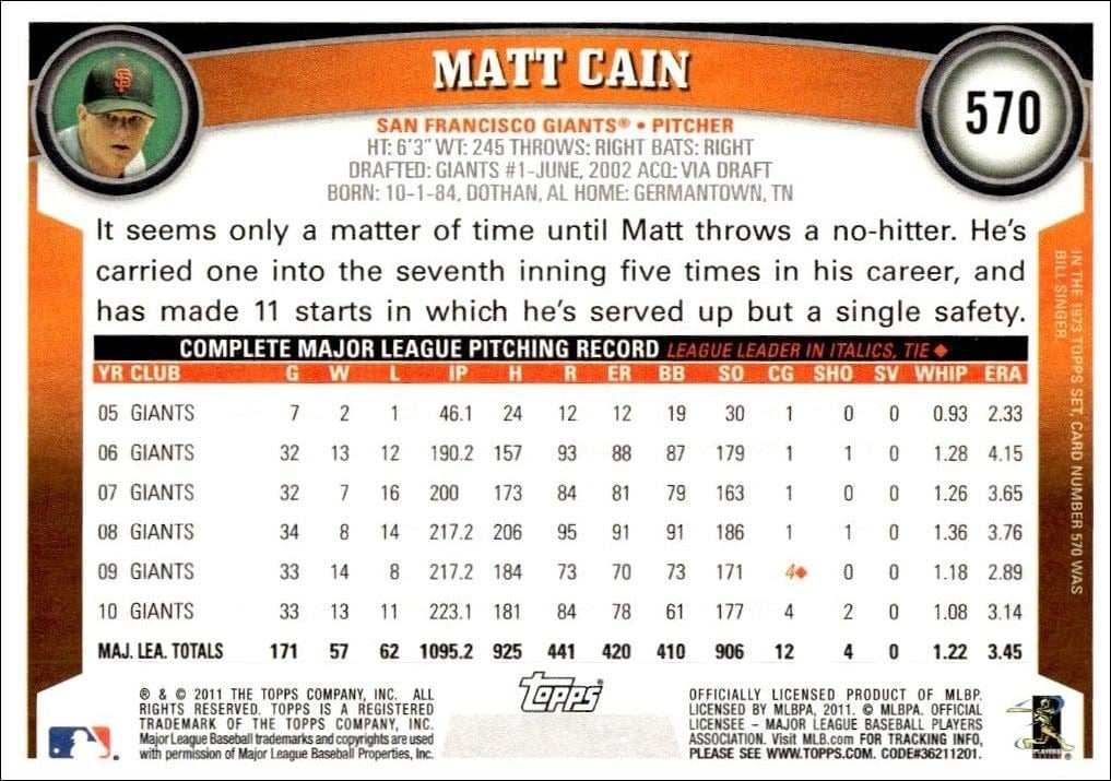 2011 Topps Series 2 Matt Cain #570 baseball trading card back