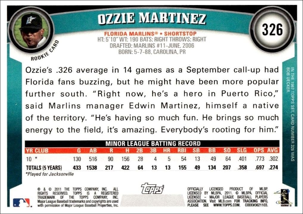2011 Topps Ozzie Martinez #326 baseball trading card back