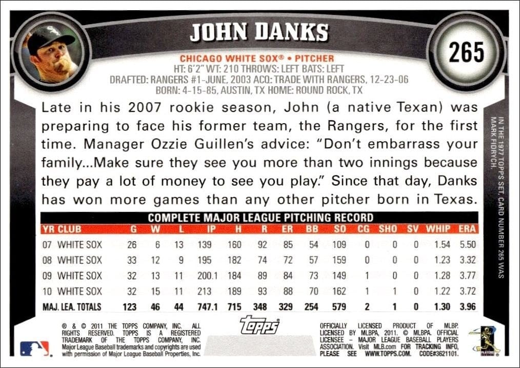 2011 Topps John Danks #265 baseball trading card back