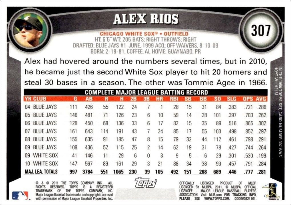 2011 Topps Alex Rios #307 baseball trading card back