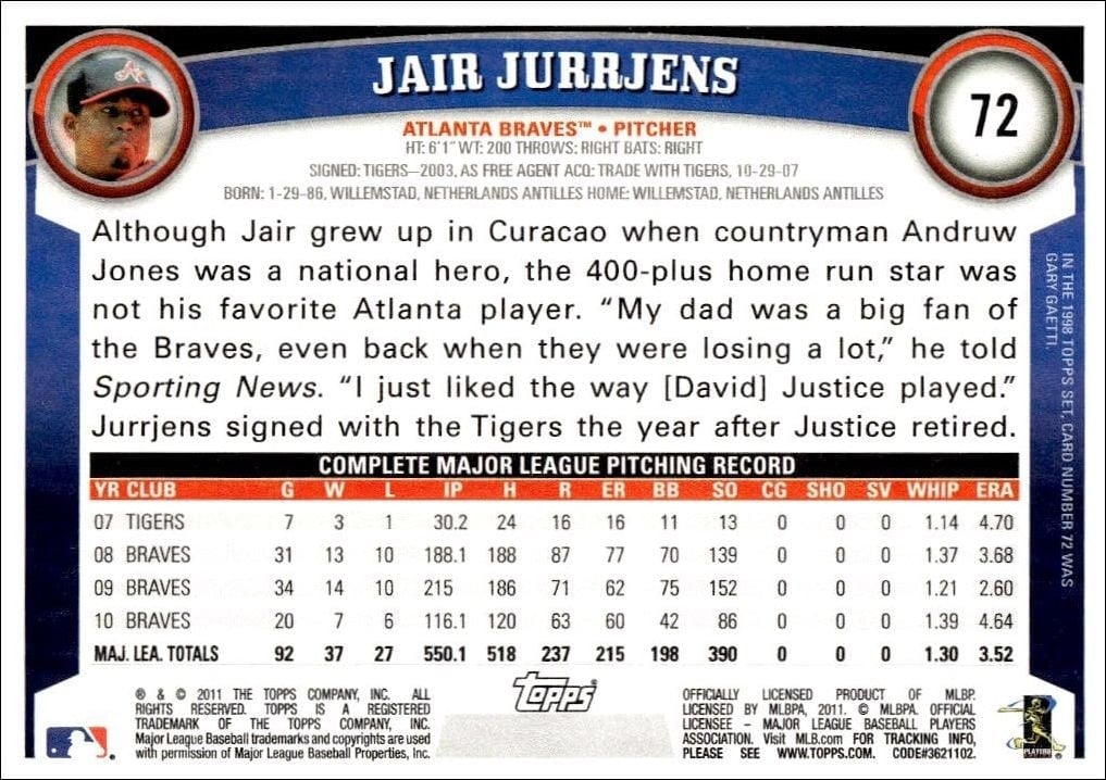 2011 Topps Jair Jurrjens #72 baseball trading card back