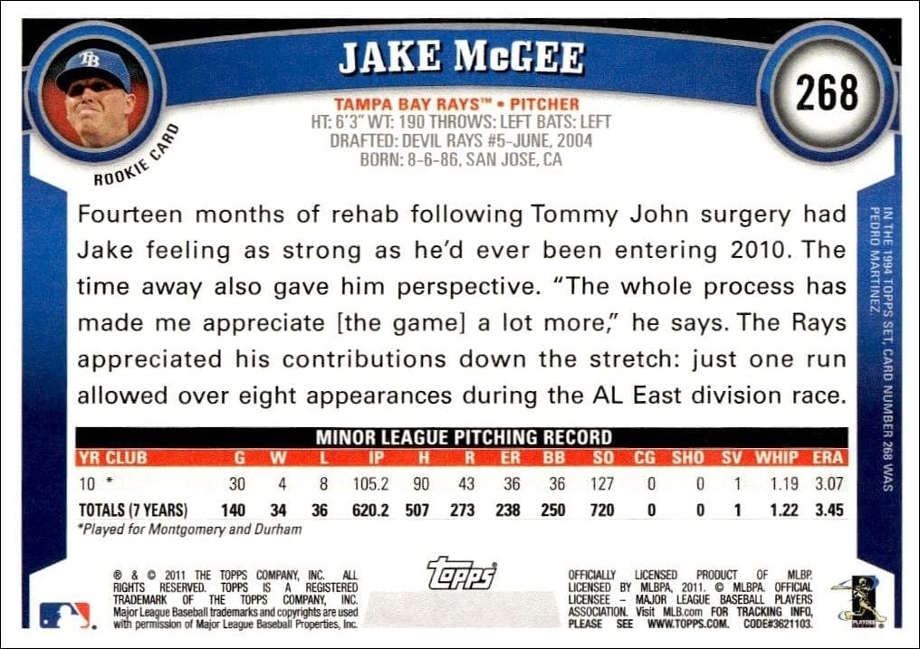 2011 Topps Jake McGee #268 baseball trading card back