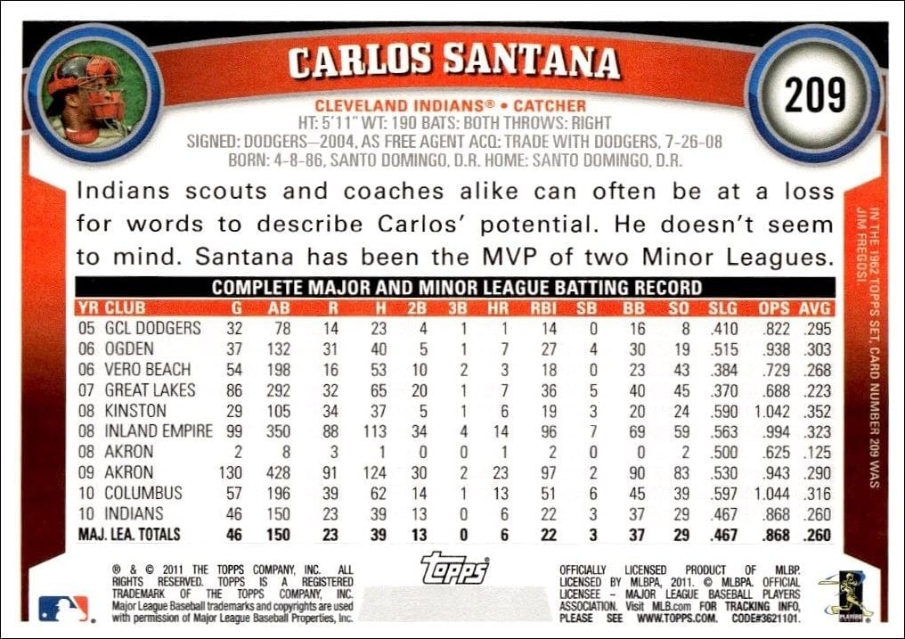 2011 Topps Carlos Santana #209 baseball trading card back