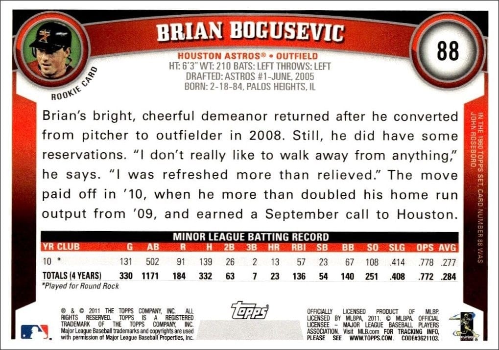 2011 Topps Brian Bogusevic #88 baseball trading card back