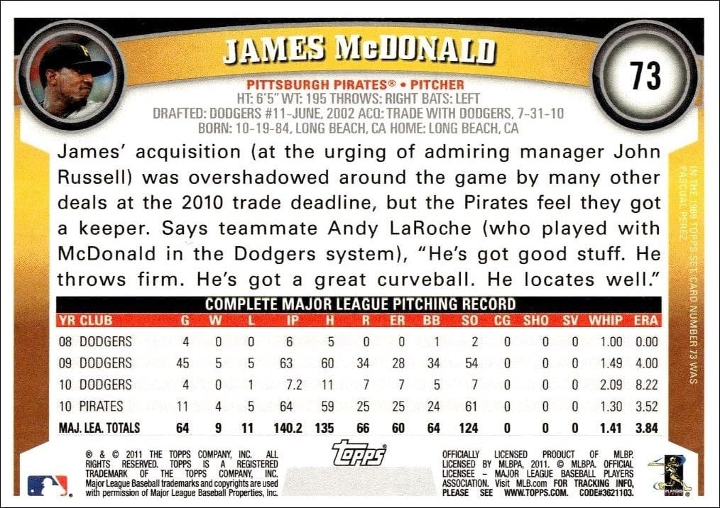 2011 Topps James McDonald #73 baseball trading card back