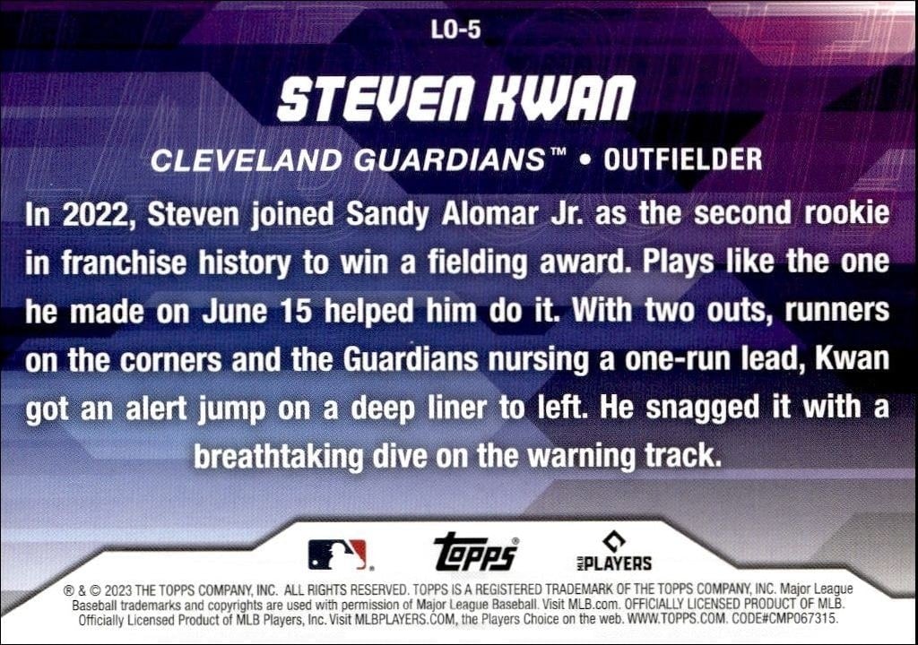 2023 Topps Update Series Steven Kwan #LO-5 baseball trading card back