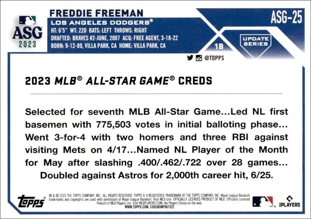 2023 Topps Update Series Freddie Freeman #ASG-25 baseball trading card back