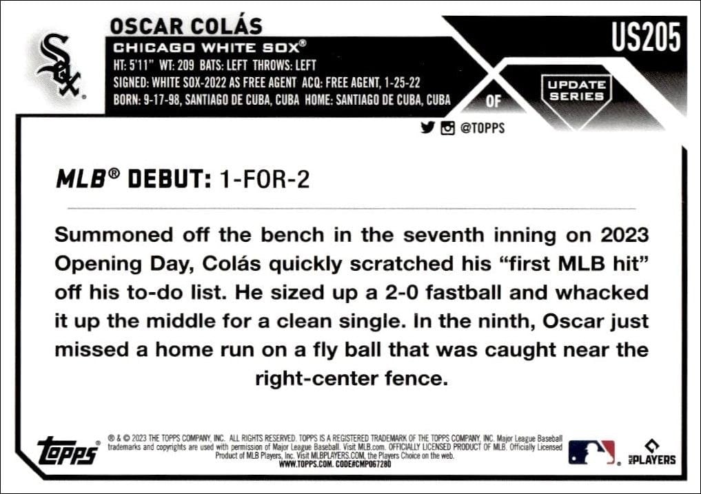 2023 Topps Update Series Oscar Colás #US205 baseball trading card back