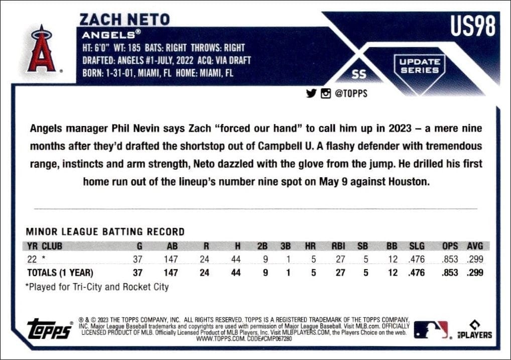 2023 Topps Update Series Zach Neto #US98 baseball trading card back