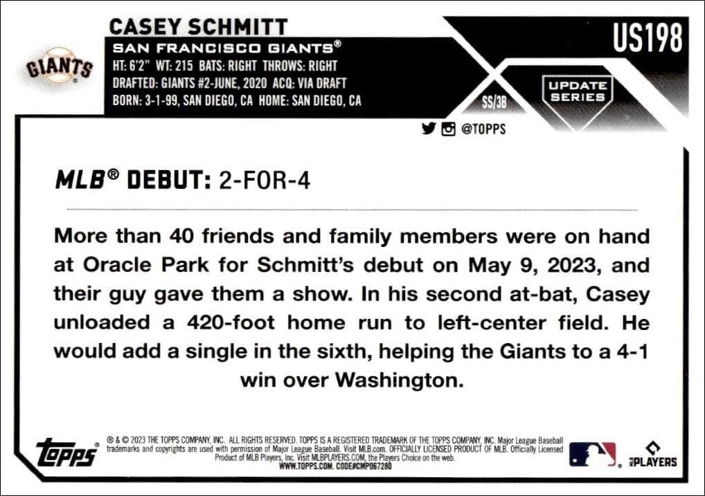 2023 Topps Update Series Casey Schmitt #US198 baseball trading card back