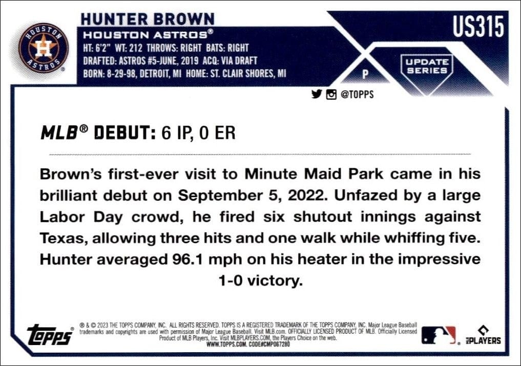 2023 Topps Update Series Hunter Brown #US315 baseball trading card back