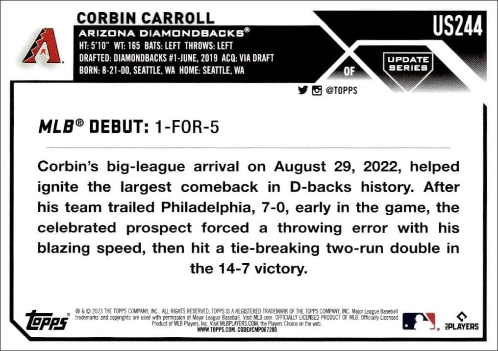 2023 Topps Update Series Corbin Carroll #US244 baseball trading card back