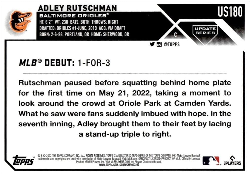 2023 Topps Update Series Adley Rutschman #US180 baseball trading card back