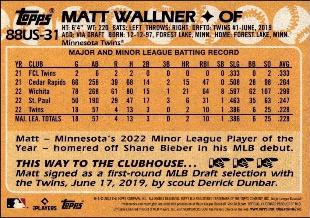 2023 Topps Update Series Matt Wallner #88US-31 baseball trading card back