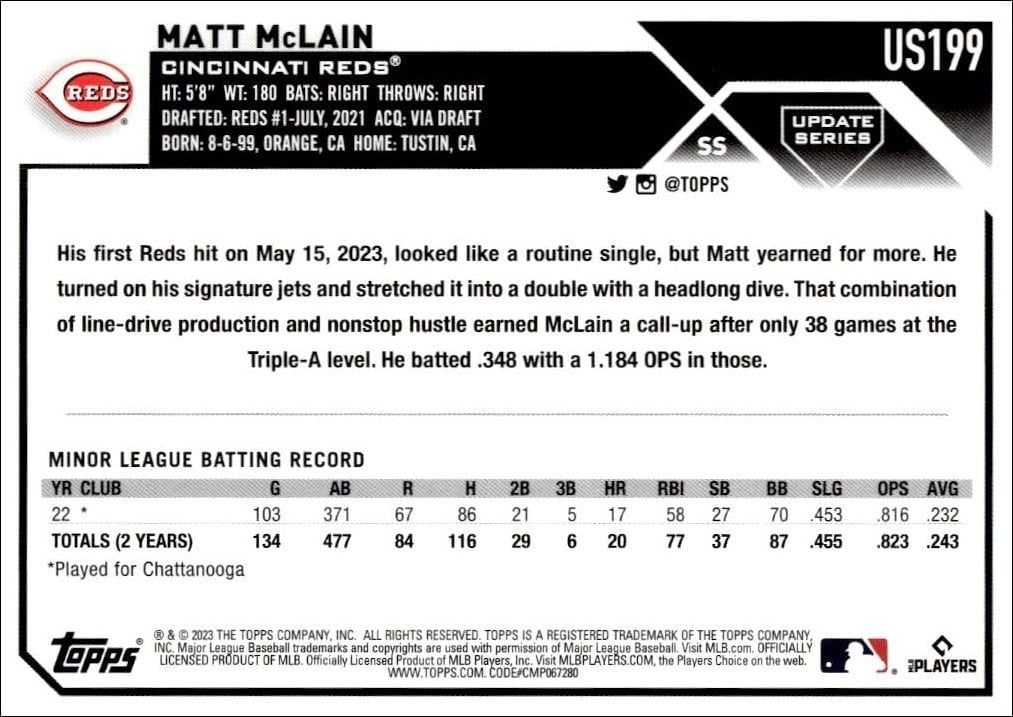2023 Topps Update Series Matt McLain #US199 baseball trading card back