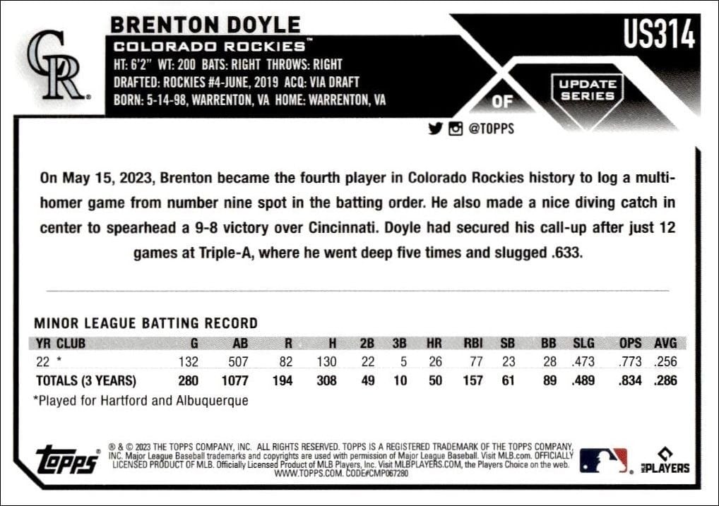 2023 Topps Update Series Brenton Doyle #US314 baseball trading card back