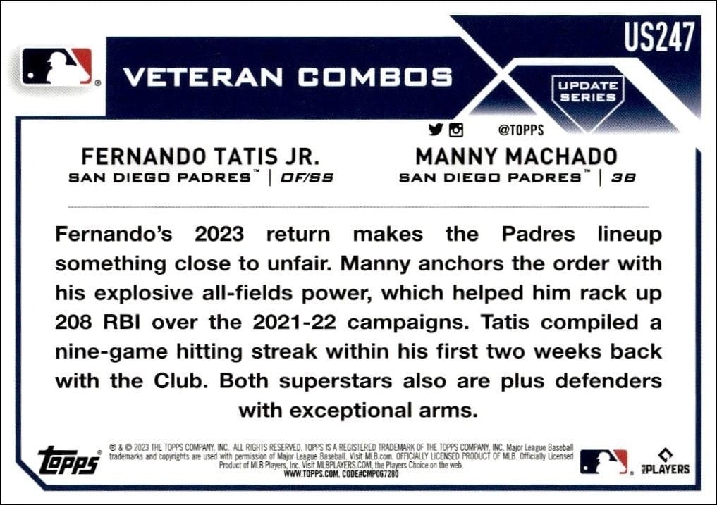 2023 Topps Update Series Fernando Tatis Jr. #US247 baseball trading card back