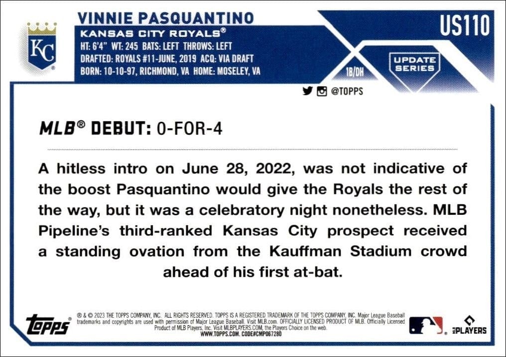 2023 Topps Update Series Vinnie Pasquantino #US110 baseball trading card back