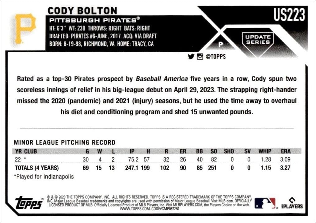 2023 Topps Update Series Cody Bolton #US223 baseball trading card back