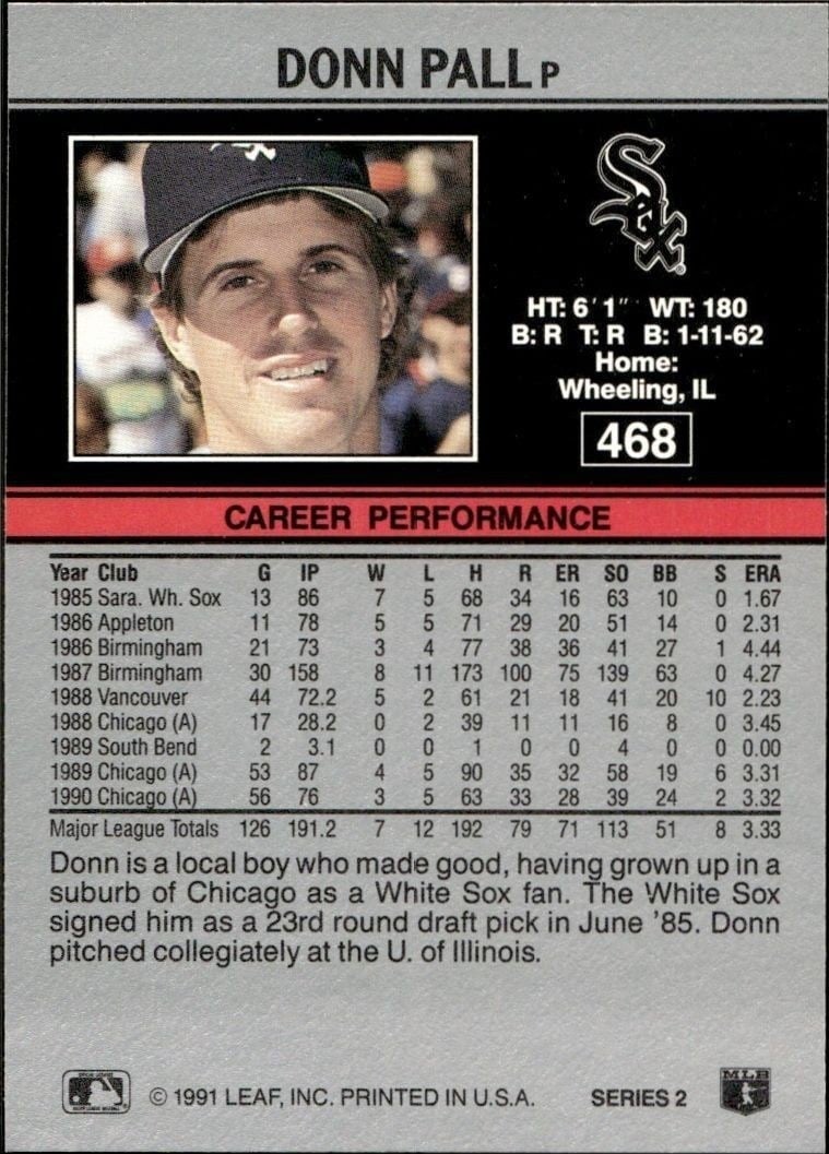 1991 Leaf Donn Pall #468 baseball trading card back