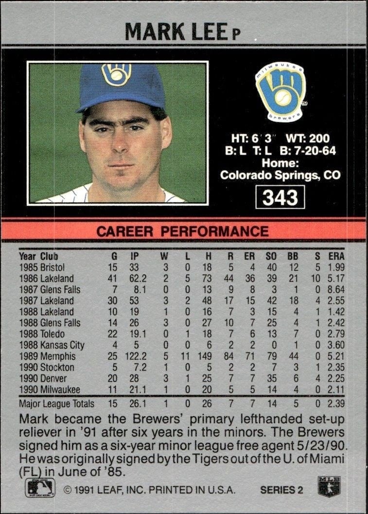 1991 Leaf Mark Lee #343 baseball trading card back