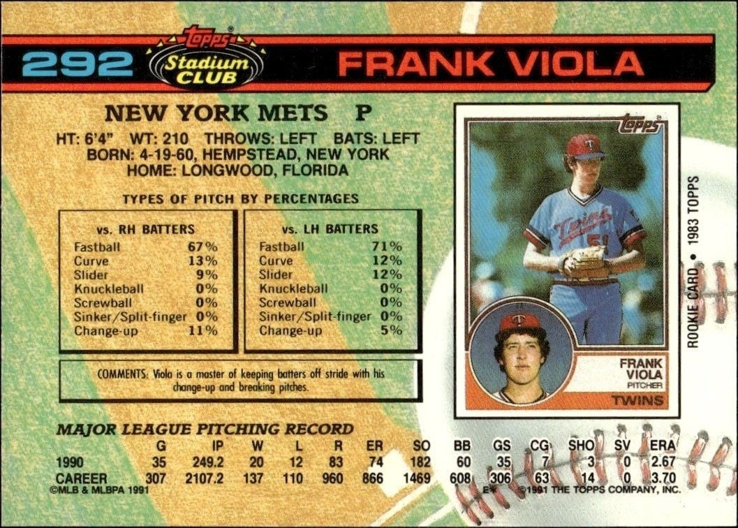 1991 Topps Stadium Club Frank Viola #292 baseball trading card back
