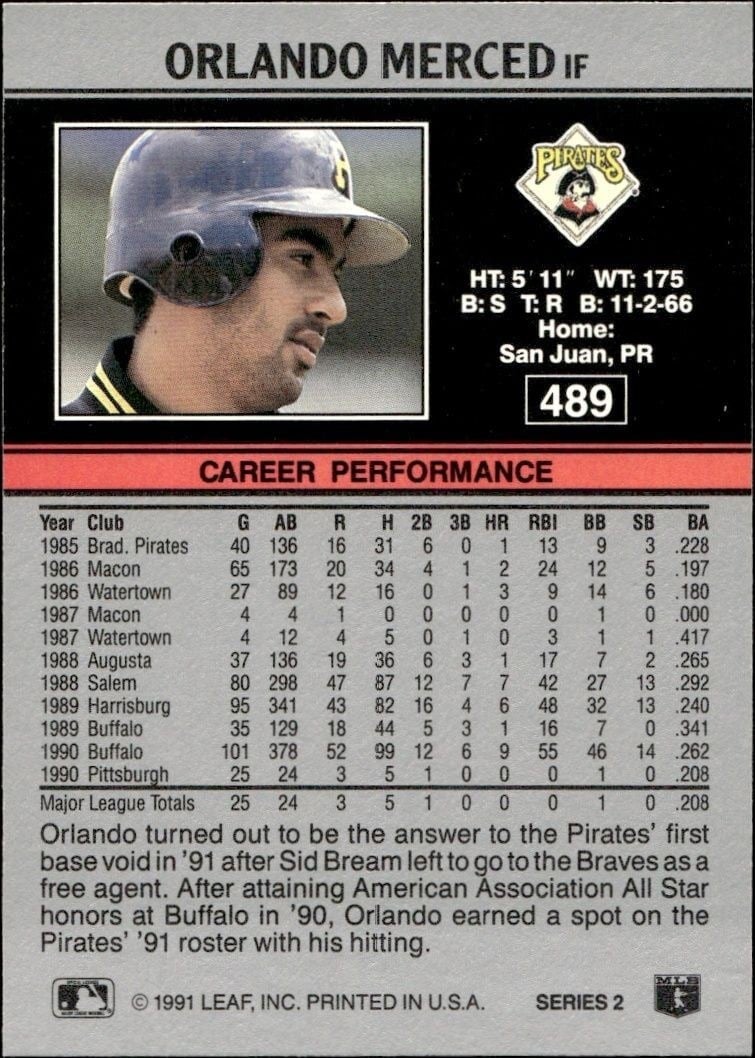 1991 Leaf Orlando Merced #489 baseball trading card back
