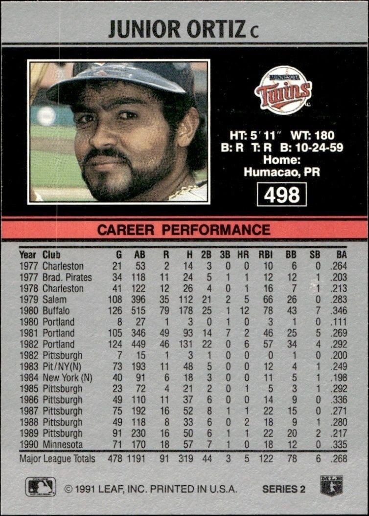 1991 Leaf Junior Ortiz #498 baseball trading card back