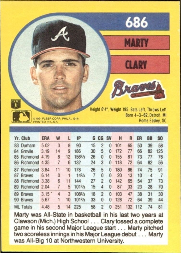 1991 Fleer Marty Clary #686 baseball trading card back