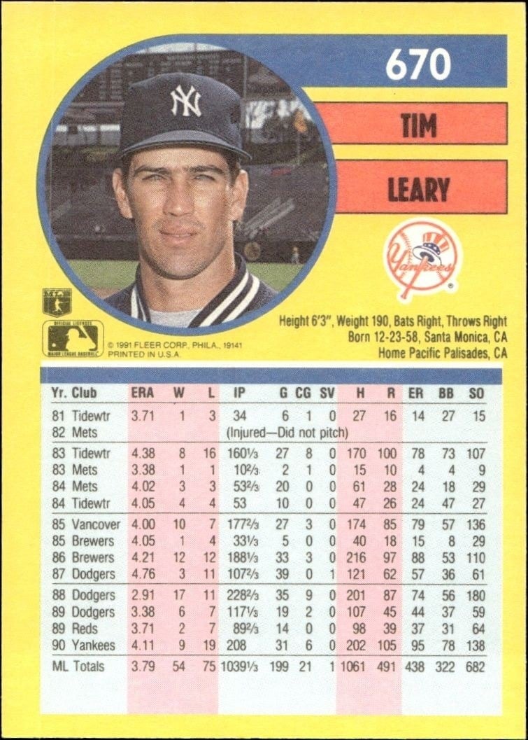 1991 Fleer Tim Leary #670 baseball trading card back