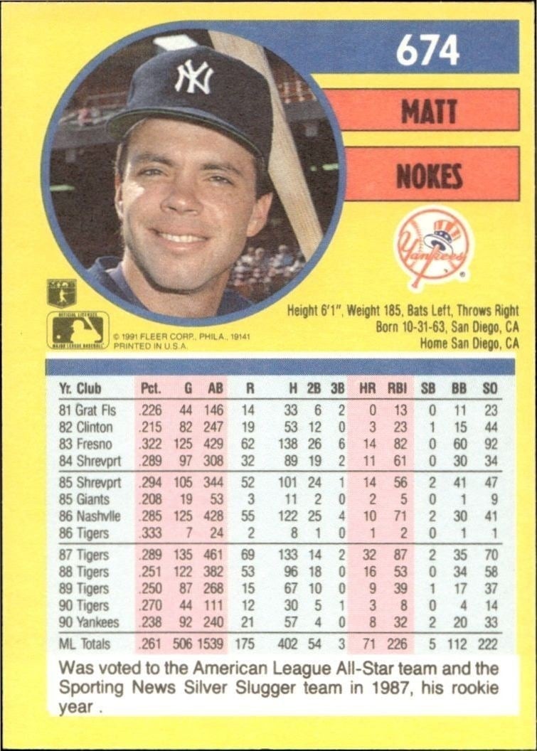 1991 Fleer Matt Nokes #674 baseball trading card back