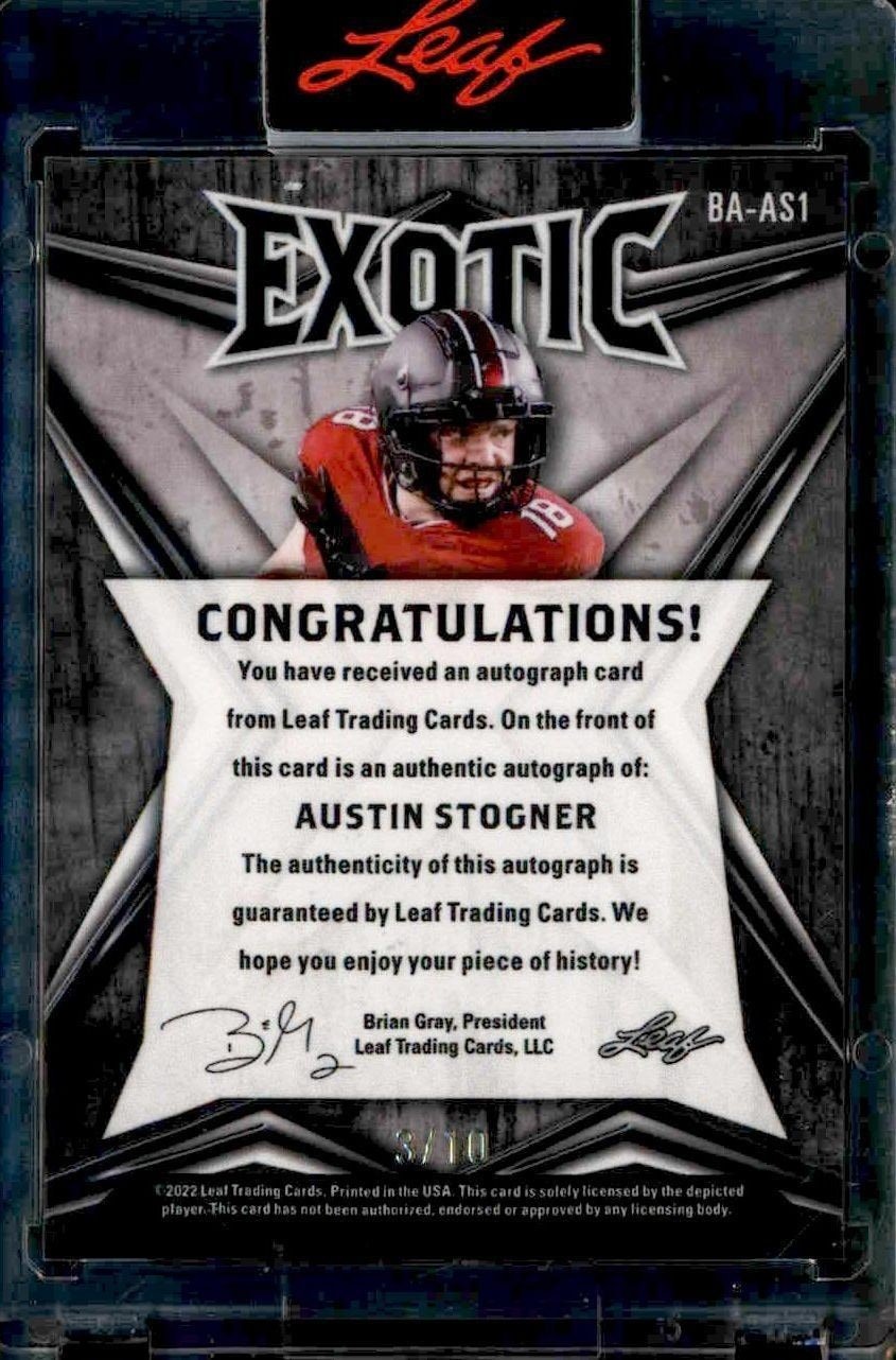 2022 Leaf Exotic Austin Stogner #BA-AS1 football trading card back