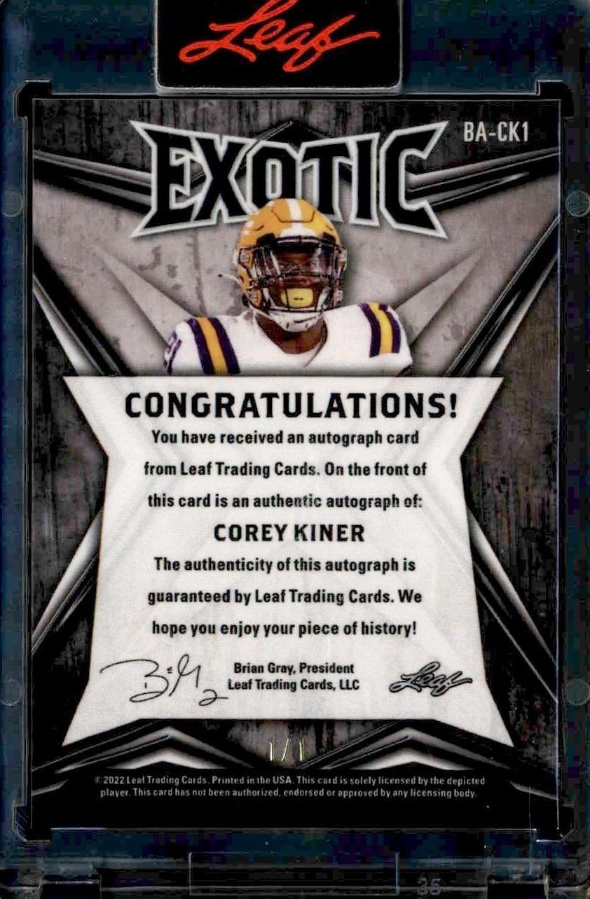 2022 Leaf Exotic Corey Kiner #BA-CK1 football trading card back