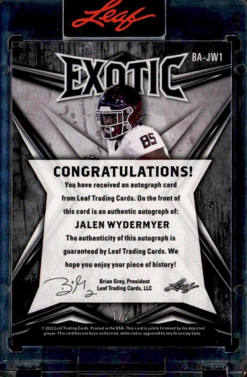 2022 Leaf Exotic Jalen Wydermyer #BA-JW1 football trading card back