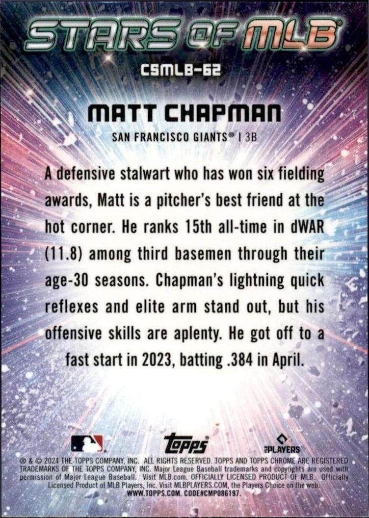 2024 Topps Chrome Update Series Matt Chapman #CSMLB-62 baseball trading card back