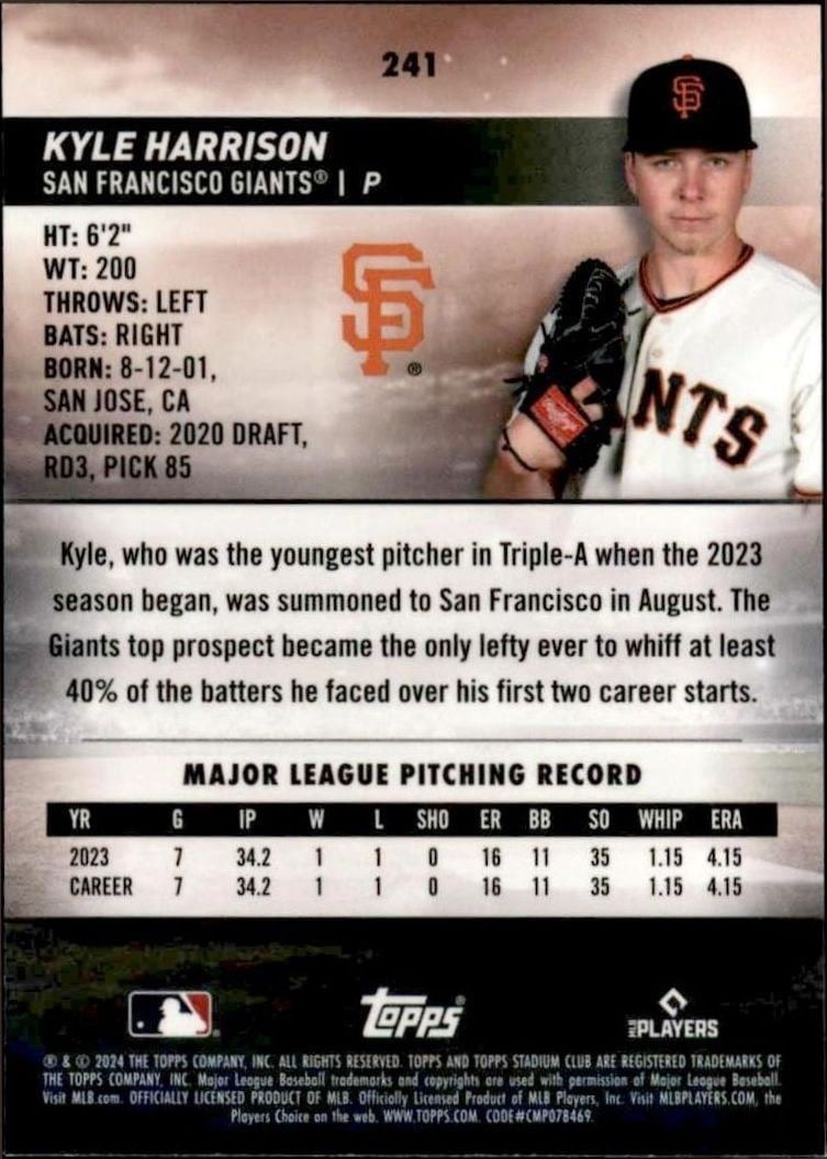 2024 Topps Stadium Club Chrome Kyle Harrison #241 baseball trading card back