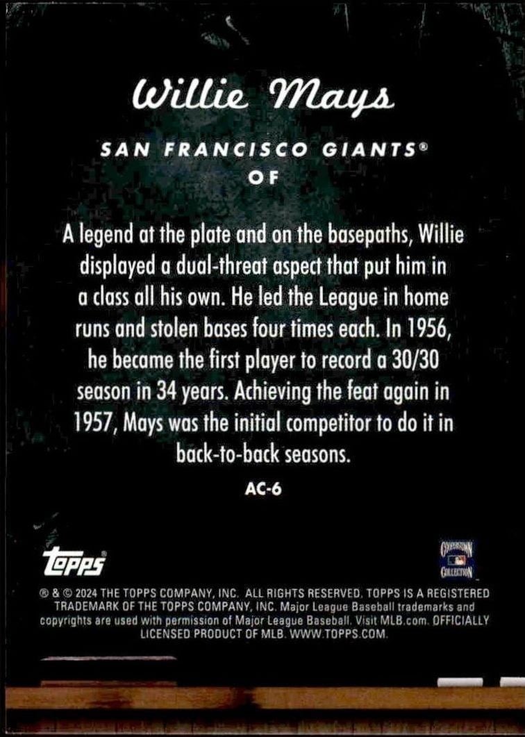 2024 Topps Update Series Willie Mays #AC-6 baseball trading card back