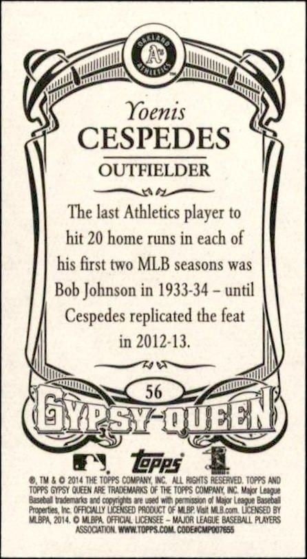 2014 Topps Gypsy Queen Yoenis Cespedes #56 baseball trading card back