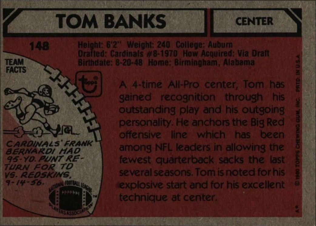 1980 Topps Tom Banks #148 football trading card back