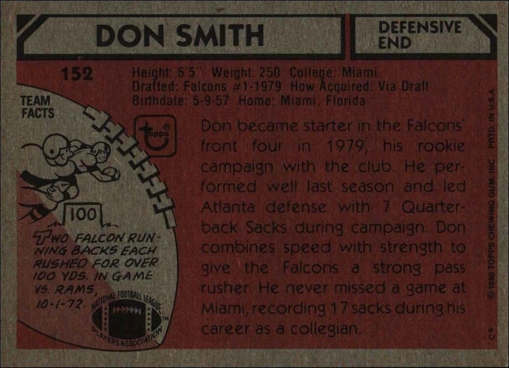 1980 Topps Don Smith #152 football trading card back