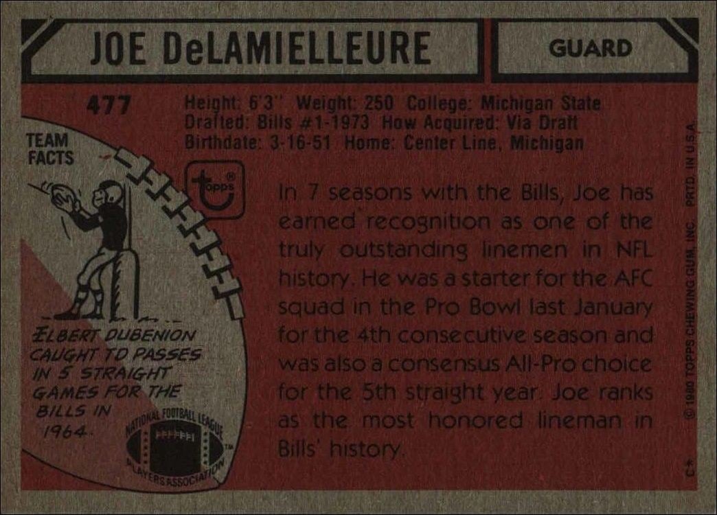 1980 Topps Joe DeLamielleure #477 football trading card back