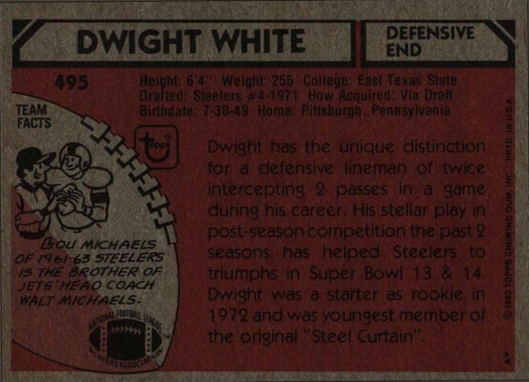 1980 Topps Dwight White #495 football trading card back