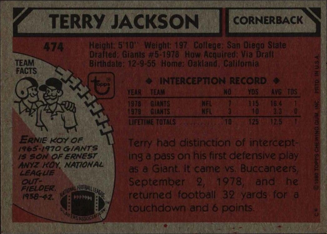 1980 Topps Terry Jackson #474 football trading card back