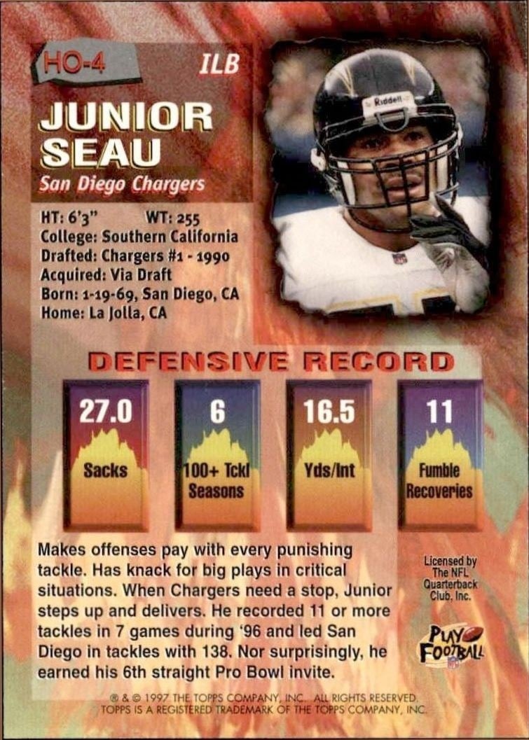 1997 Topps Junior Seau #HO-4 football trading card back