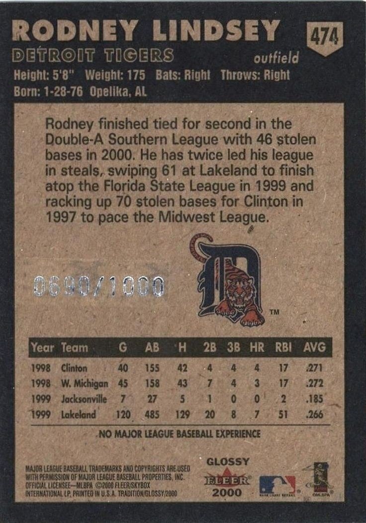 2000 Fleer Tradition Glossy Rodney Lindsey #474 baseball trading card back